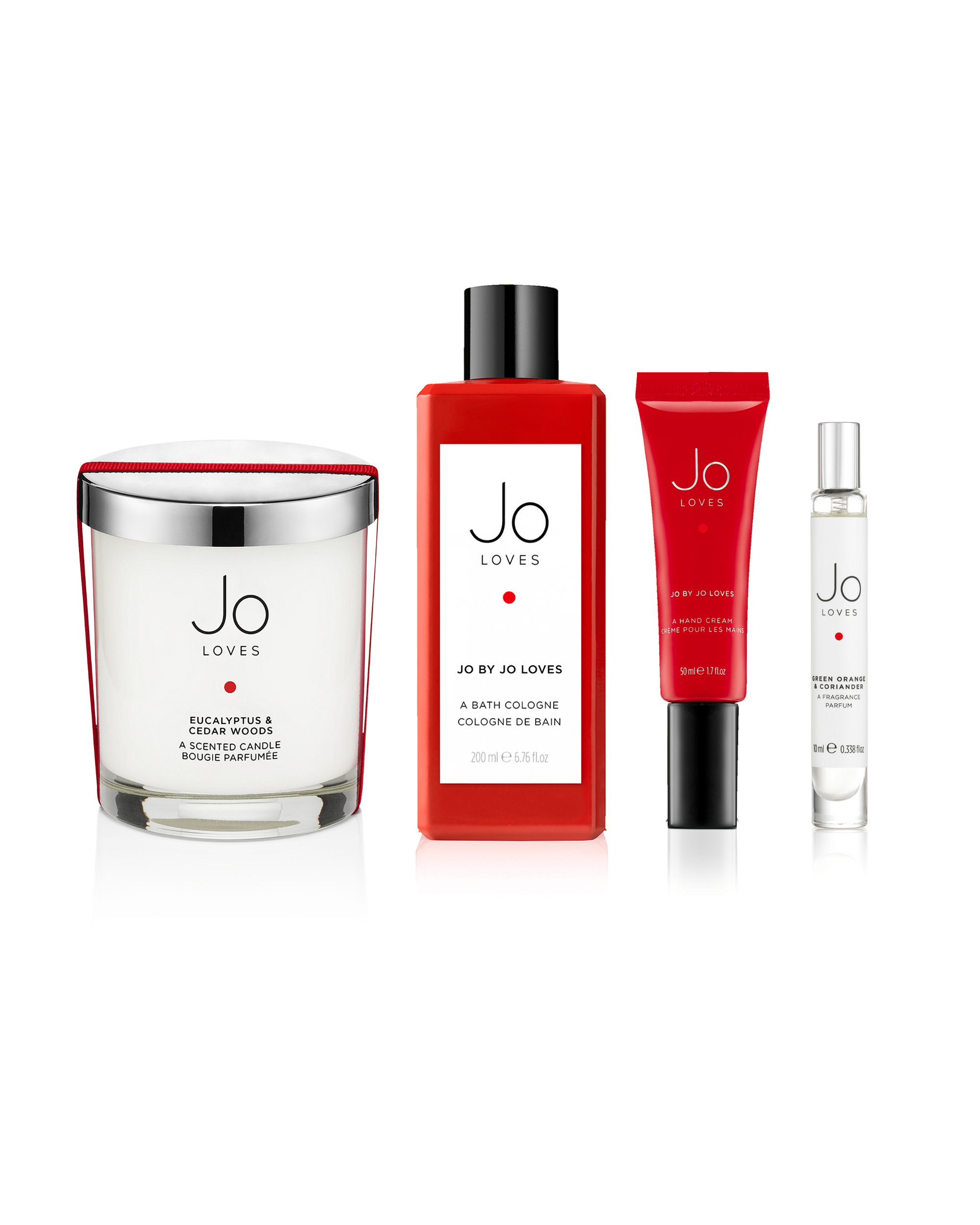 Green Orange & Coriander A Fragrance 10ml, Jo by Jo Loves A Bath Cologne 200ml, Jo by Jo Loves A Hand Cream 50ml, and Eucalyptus & Cedar Woods A Home Candle 185g