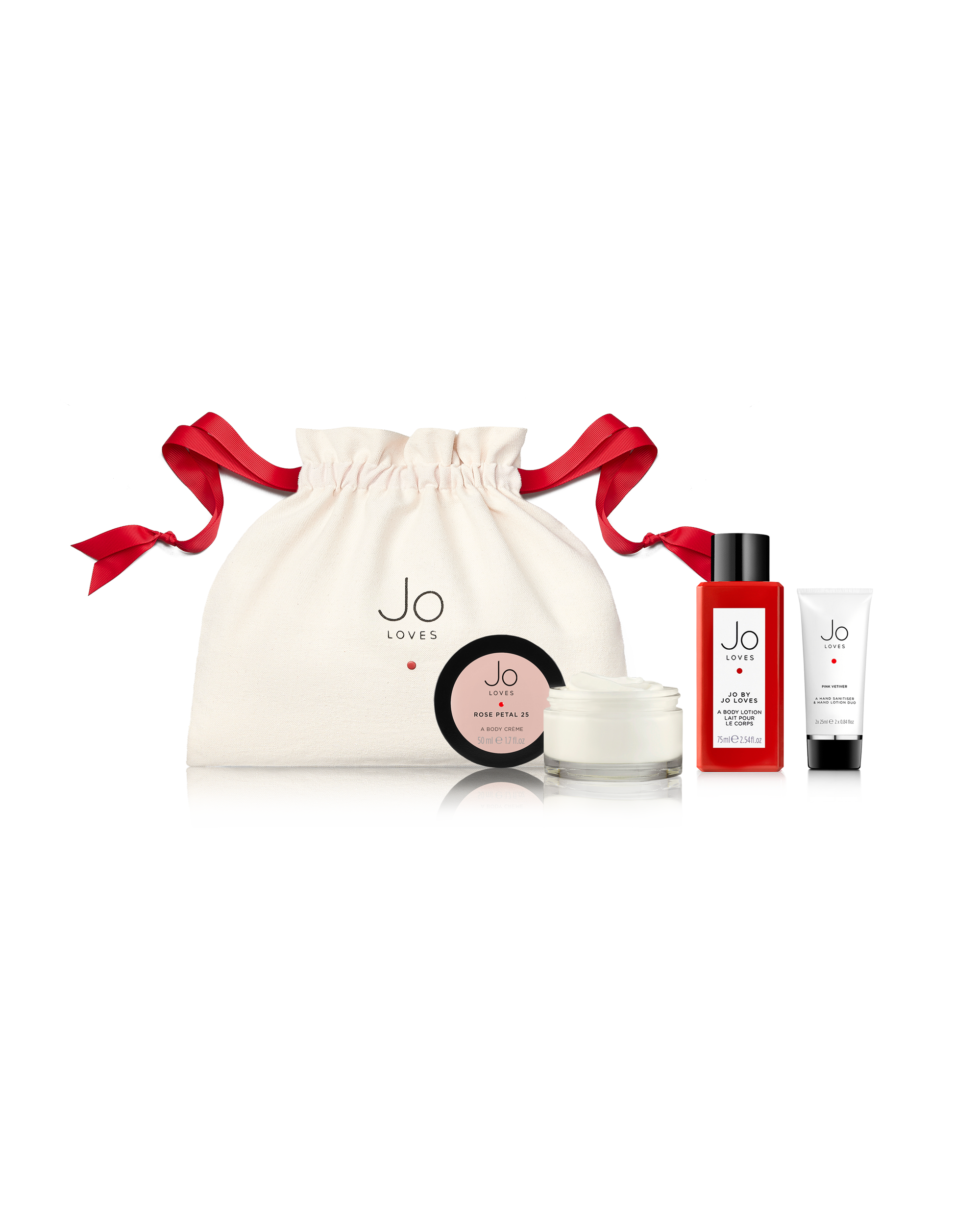 The Gym Set: Rose Petal 25 Body Crème (50ml) + Pink Vetiver Hand Sanitiser & Hand Lotion (2x25ml) + Jo by Jo Loves Body Lotion (75ml)
