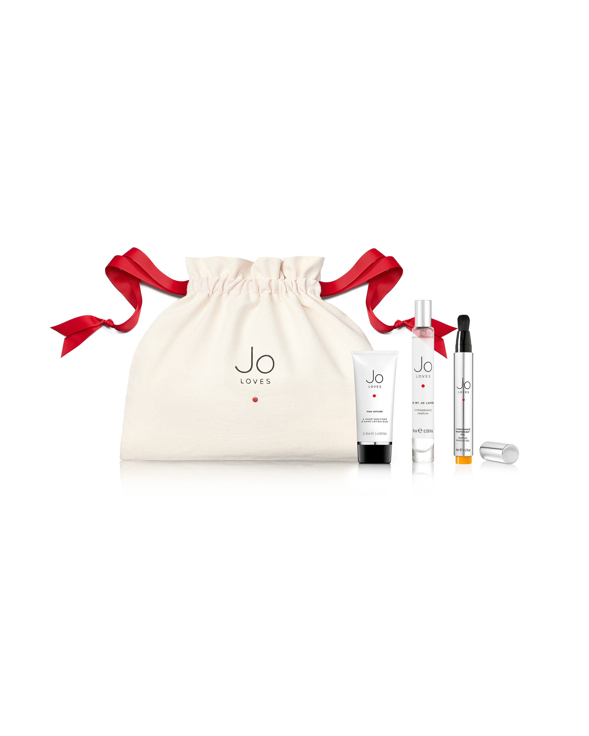 A Walk the dog Set: Pink Vetiver Hand Sanitiser & Hand Lotion (2x25ml) + Jo by Jo Loves, A Fragrance (10ml) + Mango Thai Lime Fragrance Paintbrush™ (7ml)