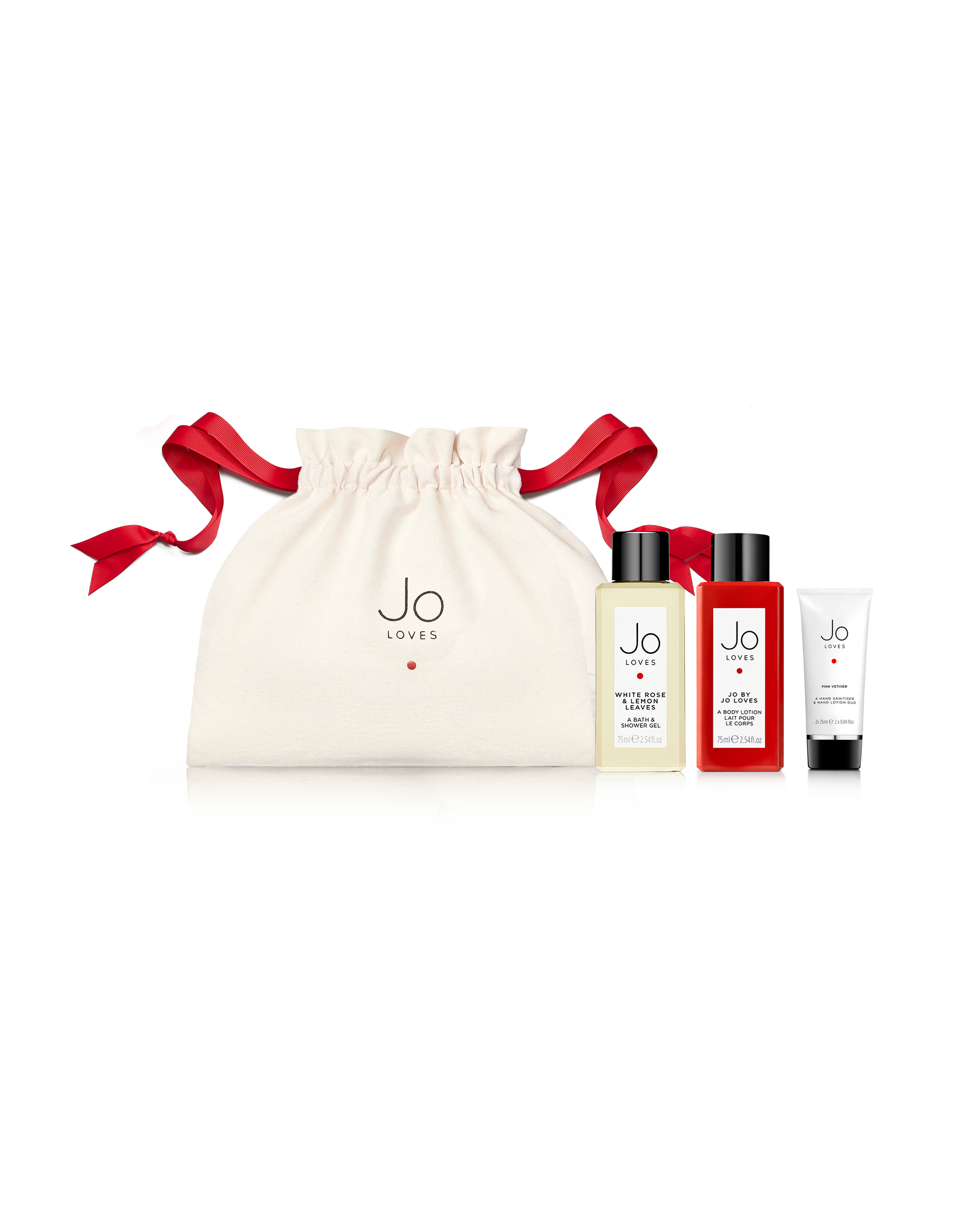 A Gym Set: White Rose & Lemon Leaves Bath & Shower Gel (75ml) + Pink Vetiver Hand Sanitiser & Hand Lotion (2x25ml) + Jo by Jo Loves Body Lotion (75ml)
